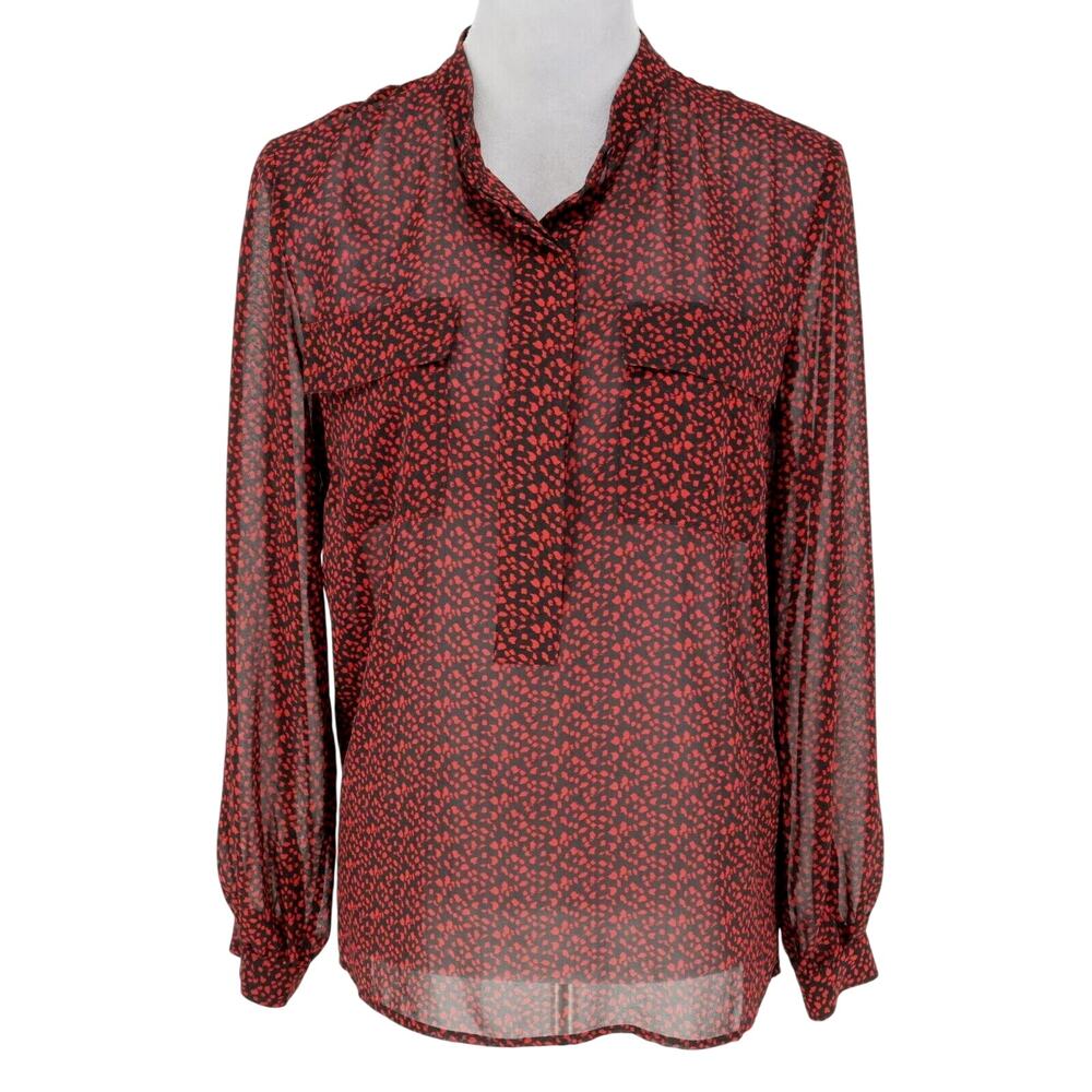 Talbots Top Petites 10P Red Black Print Sheer Blouse Pockets Mandarin Collar